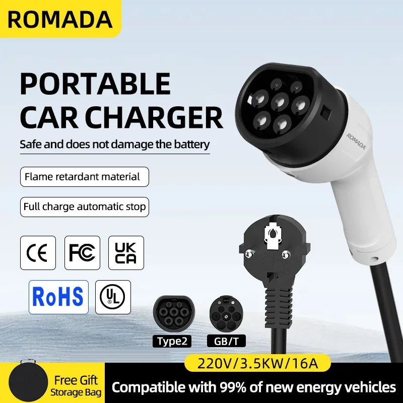 ROMADA 16A 3.5KW Type 2 EV Charging Cable, IP66 Waterproof EU Plug Portable Charger for Electric Car (3-20M Length)