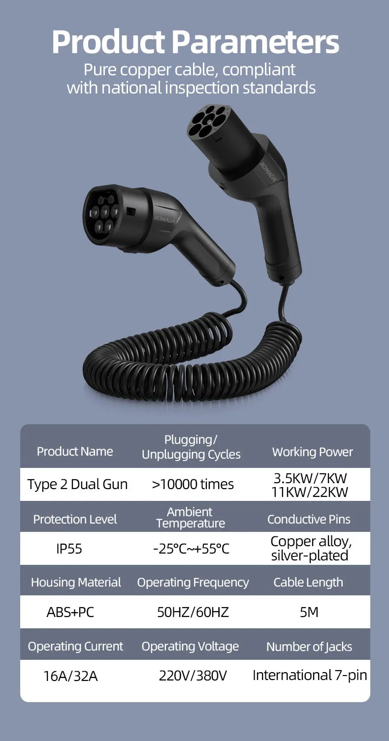 ROMADA Type 2 Coiled Charging Cable | 7kW 32A, 5m