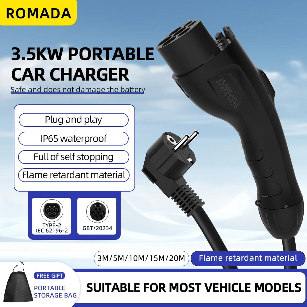 GB/T20234 3.5KW 16A Portable EV Charger with Connector EU Plug 3M-20M Cable Length Options Wallbox Adapter for Electric Vehicle