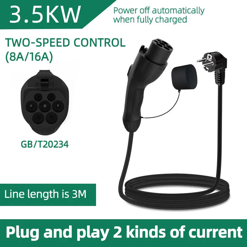 GB/T20234 3.5KW 16A Portable EV Charger with Connector EU Plug 3M-20M Cable Length Options Wallbox Adapter for Electric Vehicle