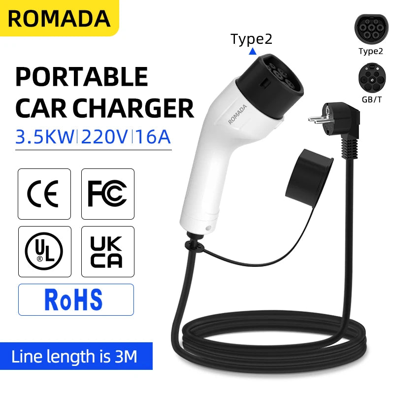 ROMADA 16A 3.5KW Type 2 EV Charging Cable, IP66 Waterproof EU Plug Portable Charger for Electric Car (3-20M Length)