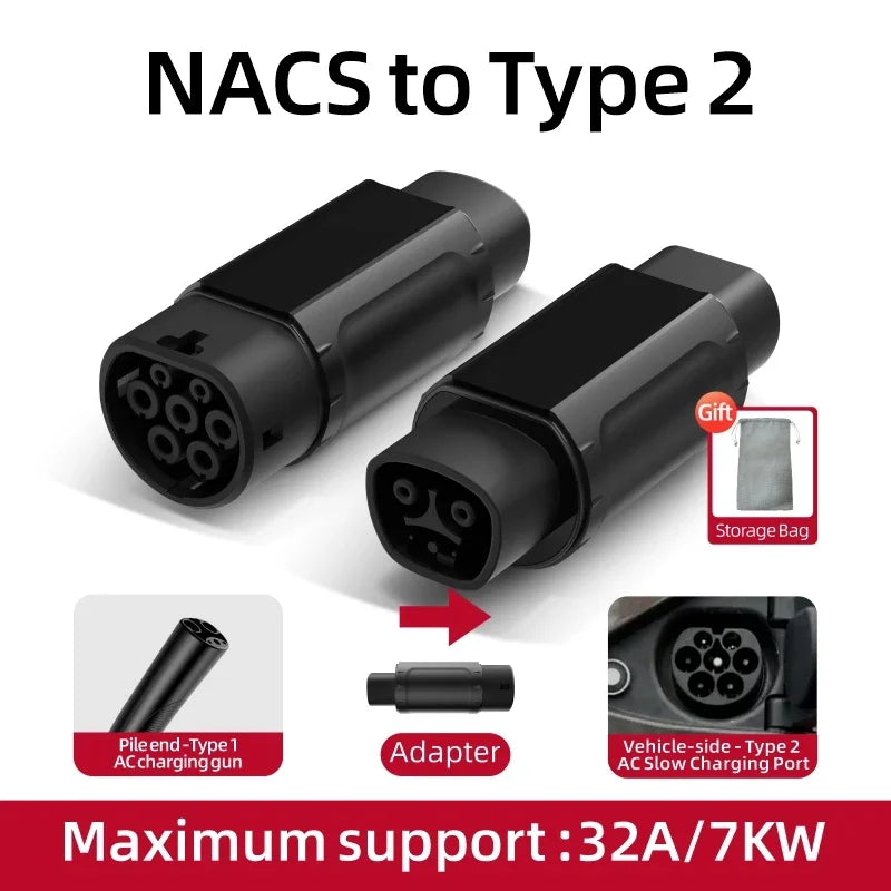 32A 7KW Electric Vehicle EV Charger Adapter NACS to Type 1 J1772/Type 2 IEC62196/GBT20234 Compatible Tesla Charging Connector