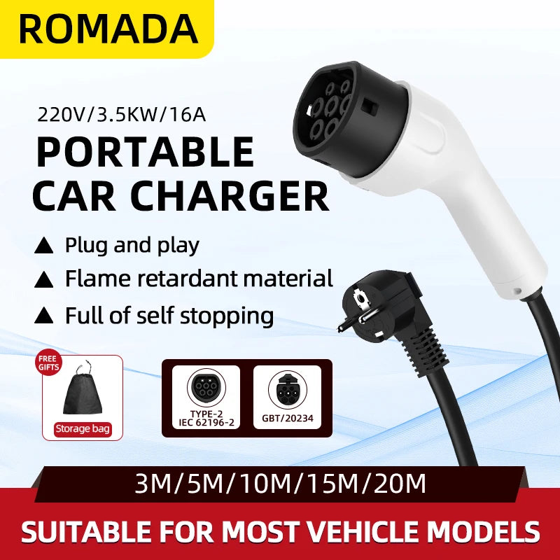 ROMADA 3.5KW 16A EV Portable Type2 IEC62196 Charger 3M 5M 10M 15M 20M Cable EVSE EU Plug Wallbox Adapter For Electric Vehicle