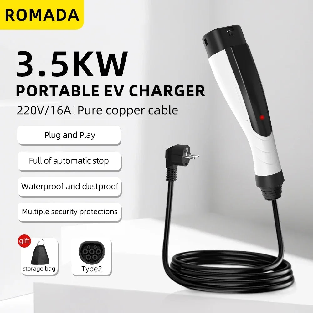 NEW ROMADA 3.5KW 16A Portable EV Charger with 3M-10M Cable IEC62196 TYPE2 EVSE EU Plug Safe Charging for Electric Vehicles