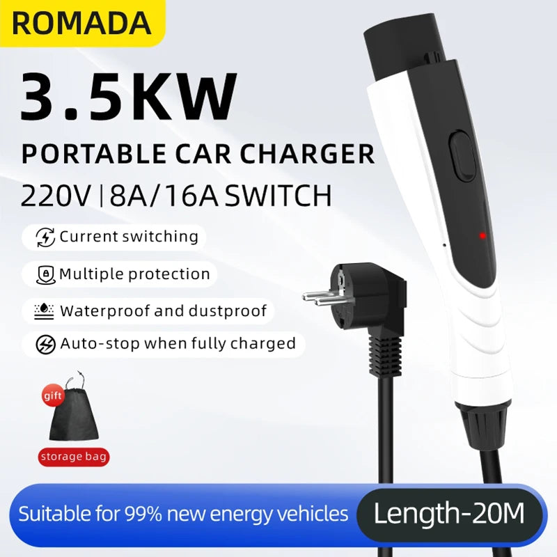 NEW ROMADA Portable 3.5KW 16A EV Charger 3M-20M Cable GBT20234 EVSE EU Plug Wallbox Adapter High Efficiency For Electric Vehicle