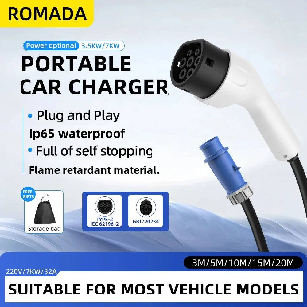 Type2 IEC62196 CEE Plug Portable EV Charger 7KW 32A with 3M/5M/10M/15M/20M Cable Wallbox Adapter for Electric Vehicle