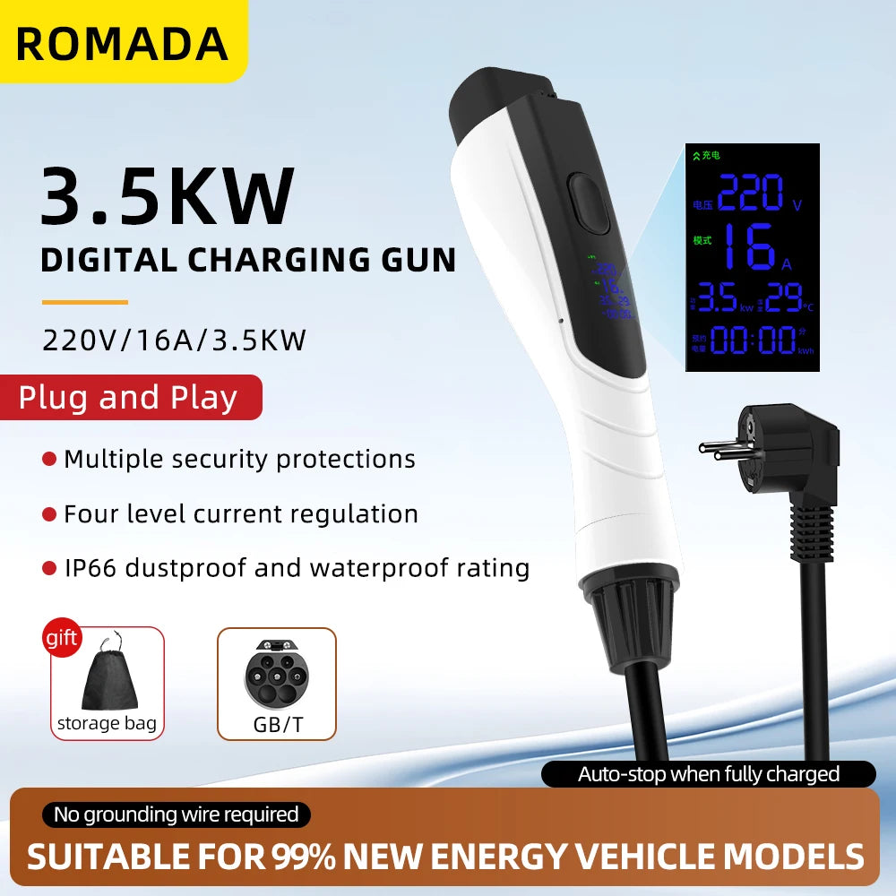 NEW 3.5KW 16A GB/T20234 EV Portable Charger 3M-20M Cable EVSE EU Plug Wallbox Adapter With Display Screen Fast Charging For EV