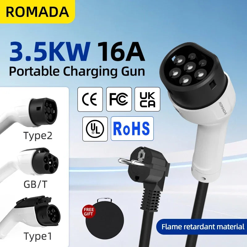 ROMADA 3.5KW 16A Type2 IEC62196 EV Portable Charger 3M-20M Cable EVSE EU Plug Wallbox Adapter For Electric Vehicle