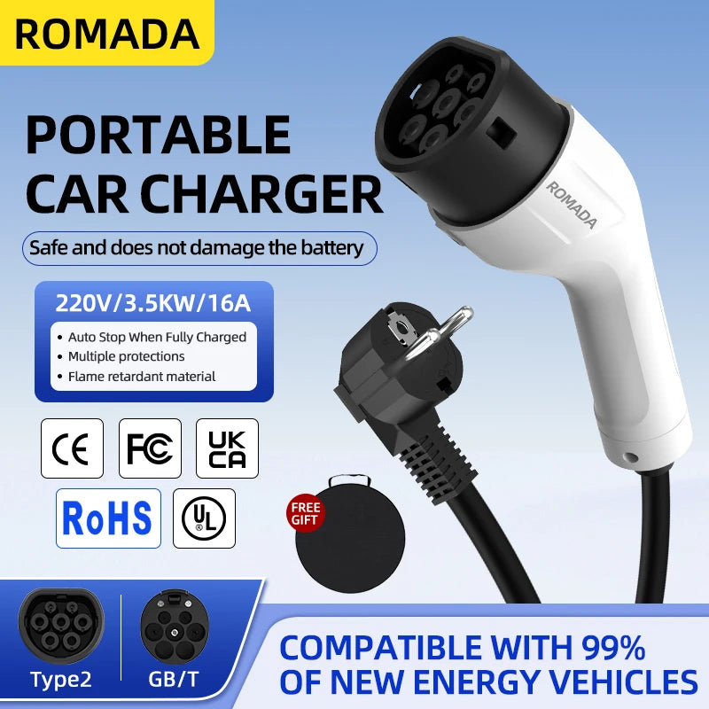 ROMADA Type 2 Portable EV Charger | 3.5kW 16A