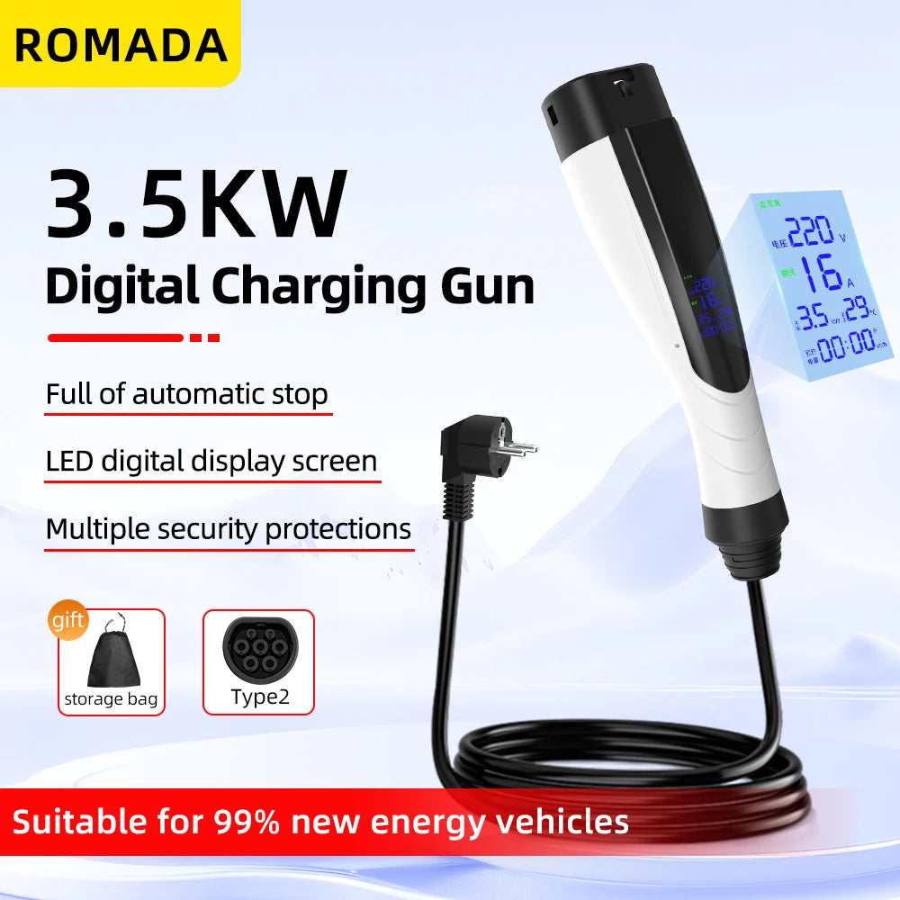 ROMADA NEW 3.5KW 16A Portable EV Charger IP66 Waterproof With Display 3M-10M Cable IEC62196 TYPE2 EVSE EU Plug Fast Charging CE