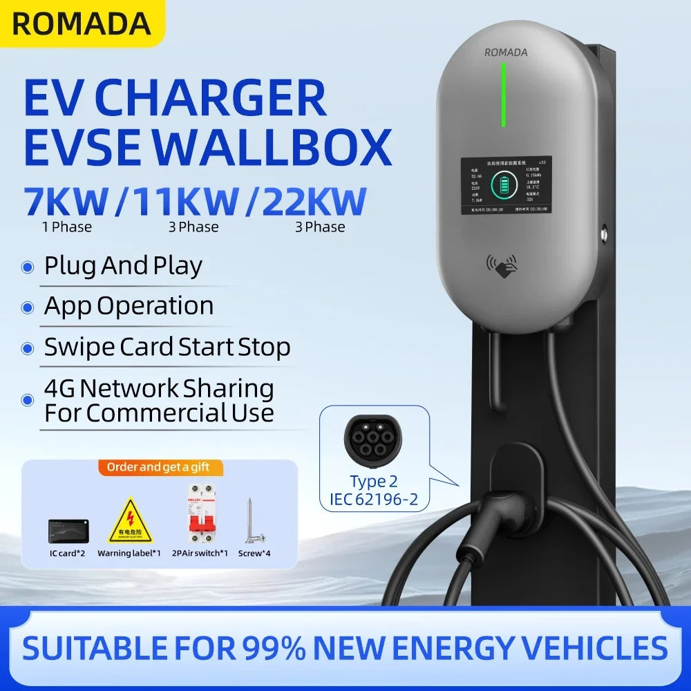EV Charger Type2 32A 22KW 3 Phase IEC62196 Cord Charger Plug EVSE Wallbox Charging Station for Electric Vehicle Car Charger ﻿
