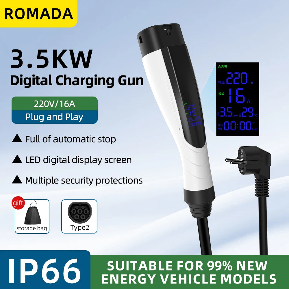 ROMADA NEW 3.5KW 16A Portable EV Charger IP66 Waterproof With Display 3M-10M Cable IEC62196 TYPE2 EVSE EU Plug Fast Charging CE