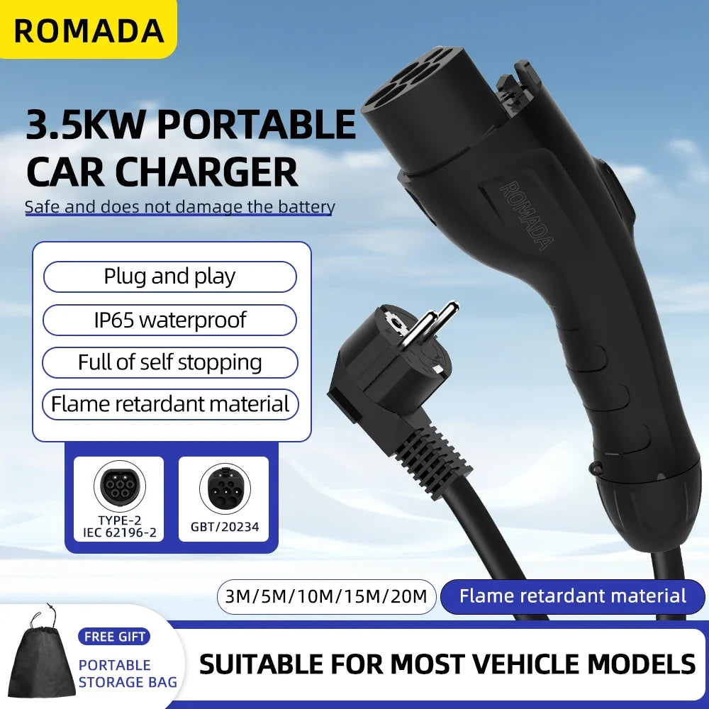 GB/T20234 3.5KW 16A Portable EV Charger with Connector EU Plug 3M-20M Cable Length Options Wallbox Adapter for Electric Vehicle