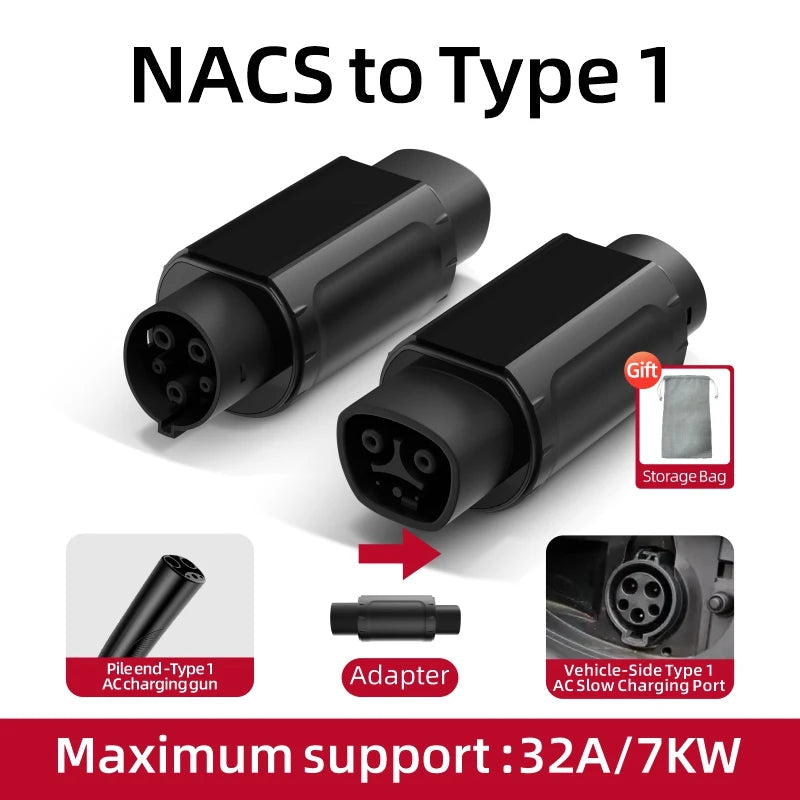 32A 7KW Electric Vehicle EV Charger Adapter NACS to Type 1 J1772/Type 2 IEC62196/GBT20234 Compatible Tesla Charging Connector