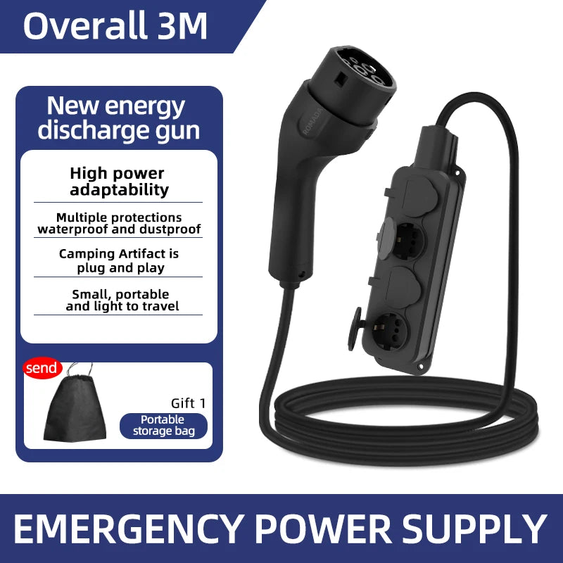 Portable 16A 4KW V2L Cable Electric Car Side Discharge Plug EV Charger IEC62196-2 Type2 16A With EU Socket Outdoor Power Station