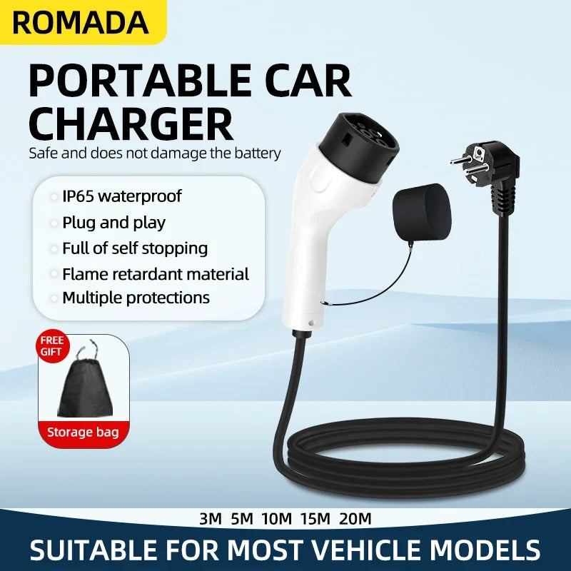 3.5KW 16A EV Portable Charger 3M 5M 10M 15M 20M Cable Type2 IEC62196 EVSE EU Plug Wallbox Adapter For Electric Vehicle