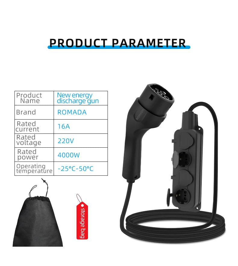 Portable 16A 4KW V2L Cable Electric Car Side Discharge Plug EV Charger IEC62196-2 Type2 16A With EU Socket Outdoor Power Station