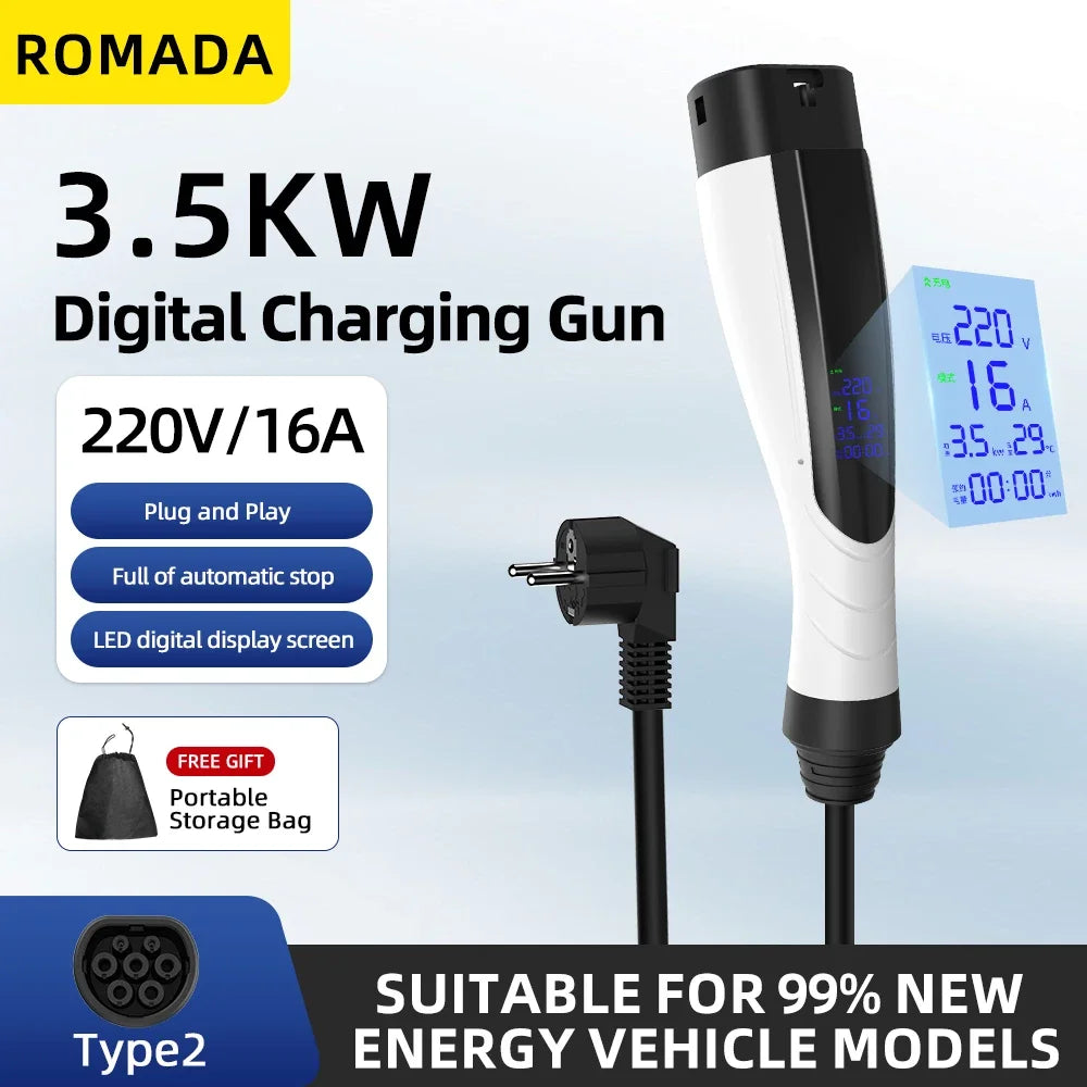 NEW 3.5KW 16A Portable EV Charger IP66 Waterproof With Display Screen 3M-10M Cable IEC62196 TYPE2 EVSE EU Plug Fast Charging